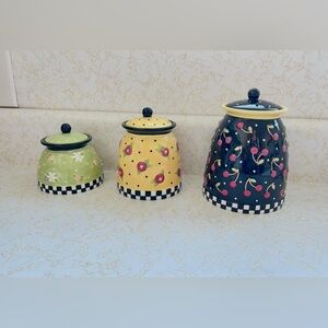 MARY ENGELBREIT ME CANISTER SET CHERRIES CHECKERS EGG FLOWERS DAISY ROSE VINTAGE